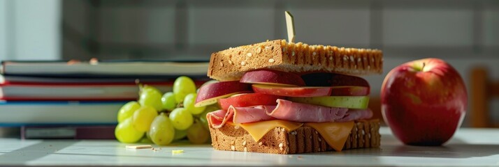 Canvas Print - Lunch at school with a ham sandwich, apple, grapes, and textbooks.