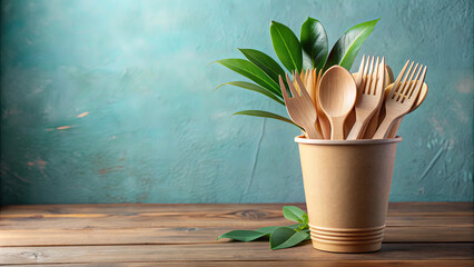 A collection of wooden utensils and fresh leaves in a biodegradable cup, resting on a rustic wooden surface with a textured backdrop