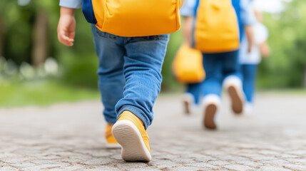 Group of children with yellow backpack go to park for outdoor activity. Banner with copy space in candid style. 