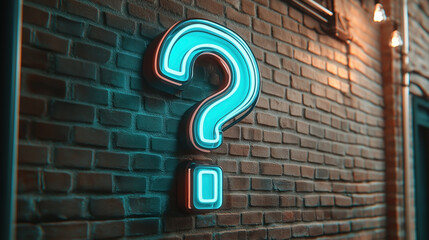 A neon question mark sign on a brick wall with warm ambient lighting.