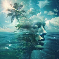 Poster - Soulful Serenity. Abstract Face in Sea of Tranquility with Palm Trees