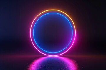 Wall Mural - Neon glowing circle with vibrant colors against a dark background, reflecting light elegantly