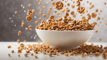  a bowl of cereal with rings falling out, like a rain of cereal.