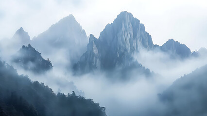 Wall Mural - Mountain peaks shrouded in mist
