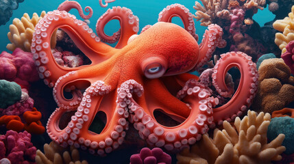 Wall Mural - A vibrant underwater scene featuring a bright orange octopus amidst a colorful coral reef with various corals and marine life.