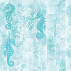 Wall Mural - Seahorses and corals on a blue watercolor background. Creative seamless pattern on a marine theme. Hand-drawn background. Perfect for design templates, wallpaper, wrapping, fabric, print and te