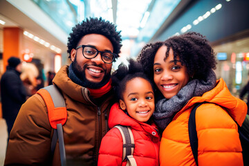 African American family of three enjoying shopping day in the mall. Black Friday concept