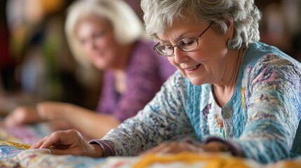 Poster - Middle-aged adults in a lively quilting class stitch vibrant fabrics, building community and friendship.
