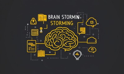 Poster - creative brainstorming and idea generation concept illustration with brain and various icons