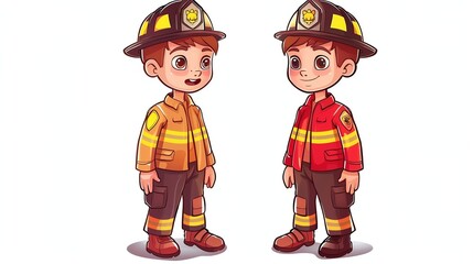 Wall Mural - Two cartoon boys are dressed as firefighters, they are facing each other.