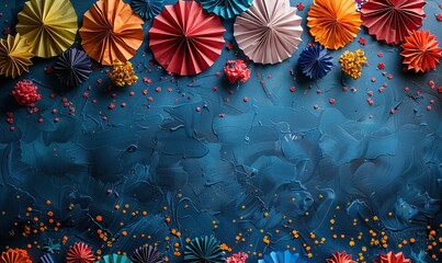 Wall Mural - top view of american patriotic background with fireworks paper fans party streamers confetti stars on a dark blue background.