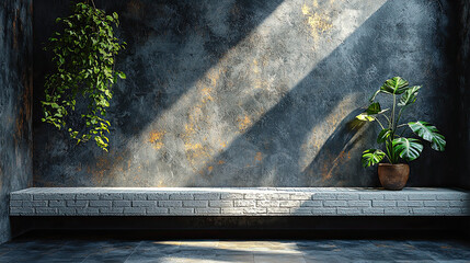 Canvas Print - Rays of light create dramatic patterns on a stone-tiled floor in a dimly lit room with house plants 