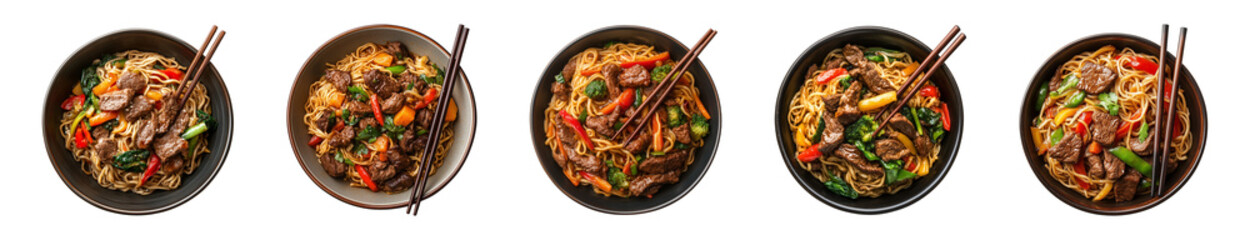 Wall Mural - noodles with beef and vegetables in a bowl with chopsticks isolated on a transparent or white background, cut-out, top view, PNG