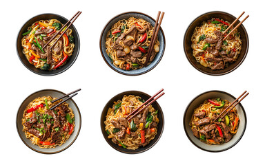 Wall Mural - noodles with beef and vegetables in a bowl with chopsticks isolated on a transparent or white background, cut-out, top view, PNG