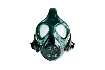 Close-up image of a black and green gas mask isolated on a transparent background. showcasing protective equipment for hazardous environments.