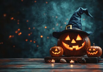 Sticker - Halloween pumpkins with witch hats and glowing lanterns on a wooden table