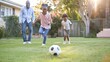 © Copi - A father watches his two children play soccer in the backyard.