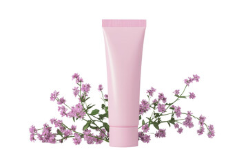 Pink cosmetic tube with floral decor showcasing beauty and skin care product packaging in a stylish natural setting.