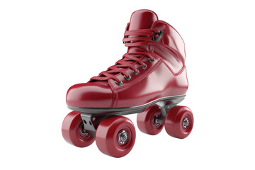 Red roller skate with four wheels, bright and shiny, isolated on a transparent background. Ideal for sports, leisure, and recreation images.