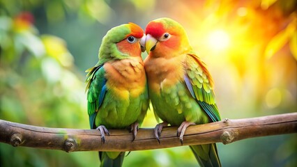 Two adorable parakeets snuggle up together, perched on a verdant branch, their vibrant plumage glistening in the warm sunlight, exuding tender affection and companionship.