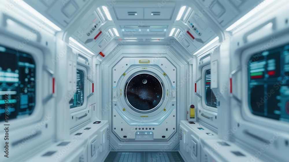 Spacecraft Module Window Futuristic spacecraft interior showcasing high-tech control panels and ...