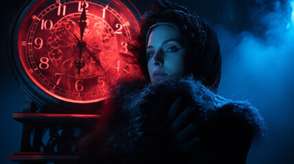 Wall Mural - beautiful young woman with a clock in the night time. the clock on the background of night landscape