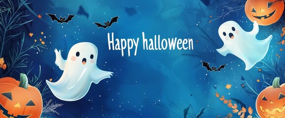 Sticker - Cute Halloween background with playful ghosts, pumpkins, and bats in a festive blue atmosphere