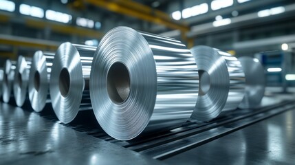 Poster - Gleaming aluminum coils are neatly arranged on a conveyor belt, highlighting advanced manufacturing in a bustling industrial setting