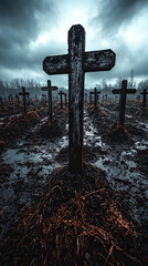 Canvas Print - Gloomy scene of crosses in a wet, muddy graveyard, with a stormy sky creating an eerie atmosphere.