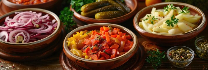 Canvas Print - Variety of pickled vegetables arranged in a bowl on a plate.