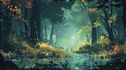 Wall Mural - A digital illustration of a lush green forest with a river winding through it.