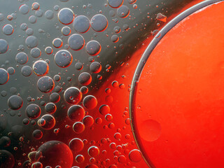 Abstract Background Red oil Macro Colorful artistic of oil drop floating on the water. macro red and  gray  bubble oil of wallpeper