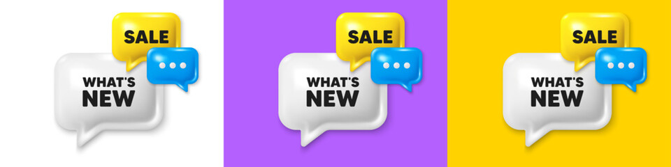 Sticker - Chat speech bubble 3d icons. Whats new tag. Special offer sign. New arrivals symbol. Whats new chat text box. Speech bubble banner. Offer box balloon. Vector