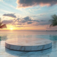 Wall Mural - Podium stand in luxury swimming pool water with sea and sunset view. background of tropical design product placement display. Generative ai