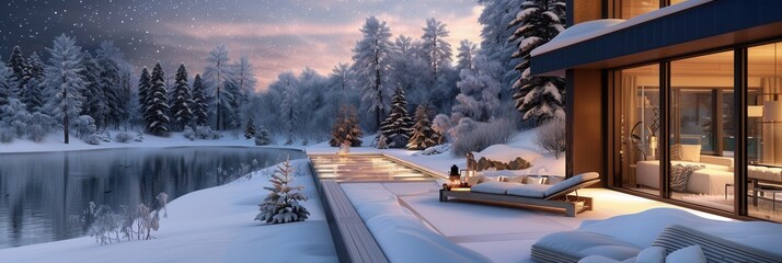 Poster - Vacation house with winter scenic view by lake