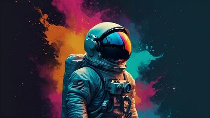 Wall Mural - An astronaut stands in vibrant cosmic colors, embodying the spirit of exploration in a galaxy of possibilities