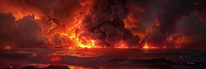 Lava cascading into the sea at night, creating towering plumes of smoke ascending into the atmosphere.