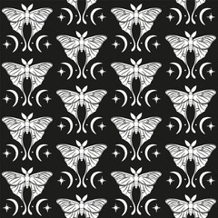 Wall Mural - Monochrome seamless pattern with celestial luna moth and paisley motif. Stars and moons boho wallpaper. Nocturnal butterfly background.