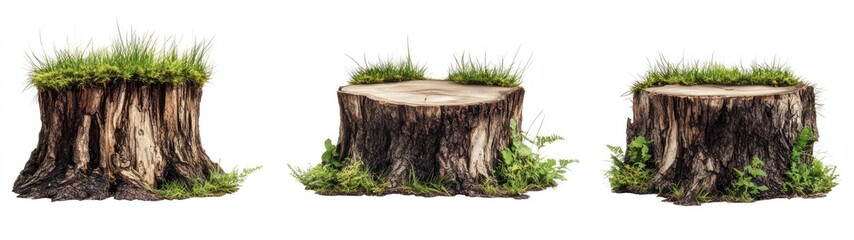Three Tree Stumps with Green Grass and Plants