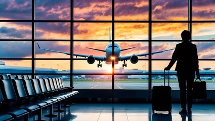 Woman passenger waiting in airport, silhouette of passenger watching aircraft taking off.