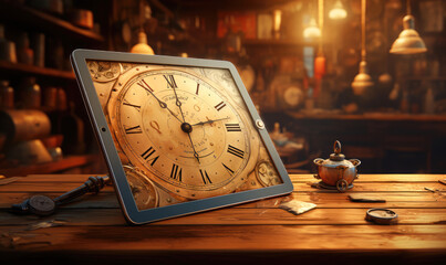 generated illustration of  digital tablet with vintage clock display