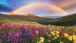 © Anar - Rolling Hills Covered in Blooming Wildflowers with Vibrant Rainbow and Clearing Sky. AI generated illustration