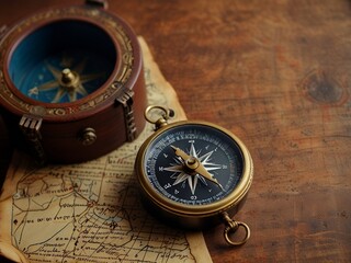 columbus day concept. vintage compass and pirates treasure manuscript with copy space background