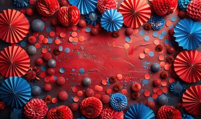 american patriotic decorations on red background flat lay paper fans fireworks confetti on red background happy independence day party poster design.