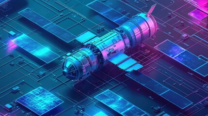 Wall Mural - Futuristic Space Station Posters in Contrasting Colors 3D Rendering with Isometric View on Secondary Tone Background