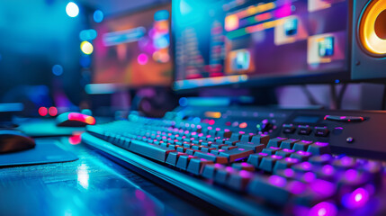 Professional cyber video gamer studio room with personal computer armchair, keyboard for stream in neon color blur background
