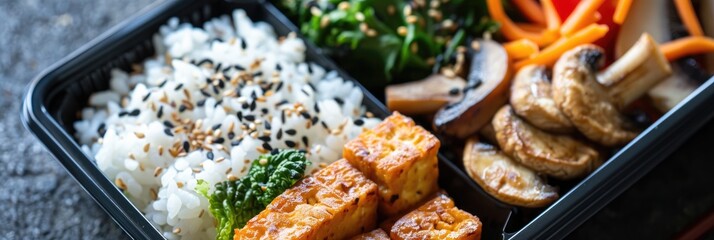 Canvas Print - Japanese bento box featuring rice balls with mushrooms and tofu.