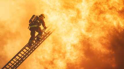 a firefighter is captured in the throes of action, climbing a ladder with fierce flames and billowin