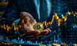 © wiparat - man in rich suit showing bitcoin coin in own hand and yellow forex trading graphic down on the background
