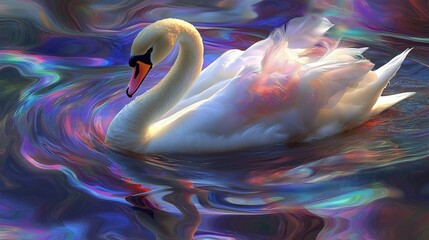 Abstract swan art. Iridescent plumage bird in a pong